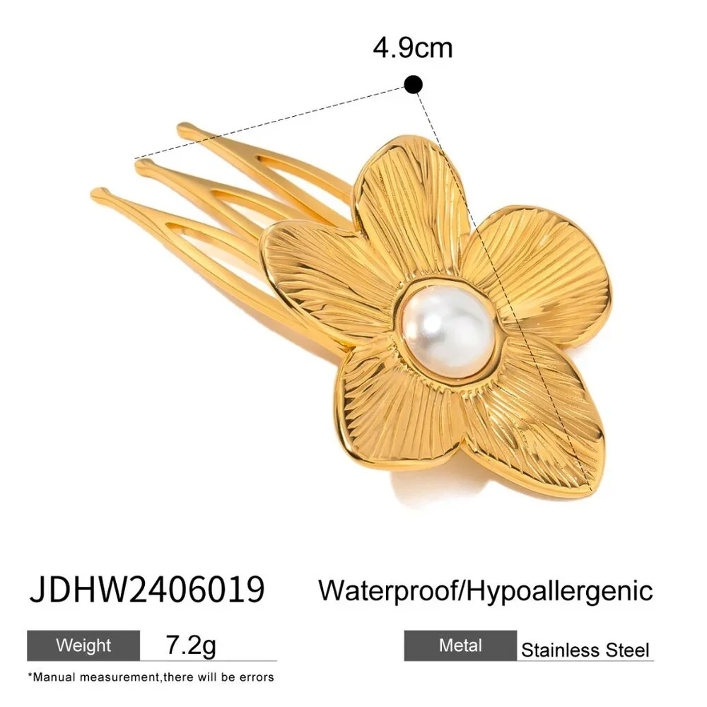 18K Gold Plated Stainless Steel Floral Hair Comb Barrette Pearl Statement Clip